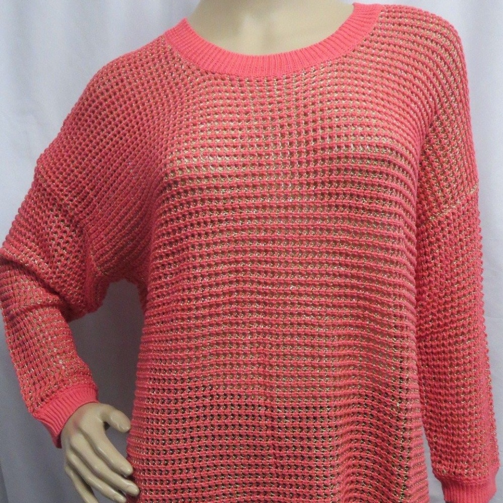 Apt. 9 Women Coral Gold Metallic Sweater L Open Knit Crew Punk 90s Twee Pullover
